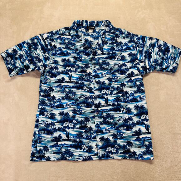 Vintage ODO Shirt Men's Large Blue Hawaiian Button Up Short Sleeve USA Tropical‎ - Picture 1 of 10